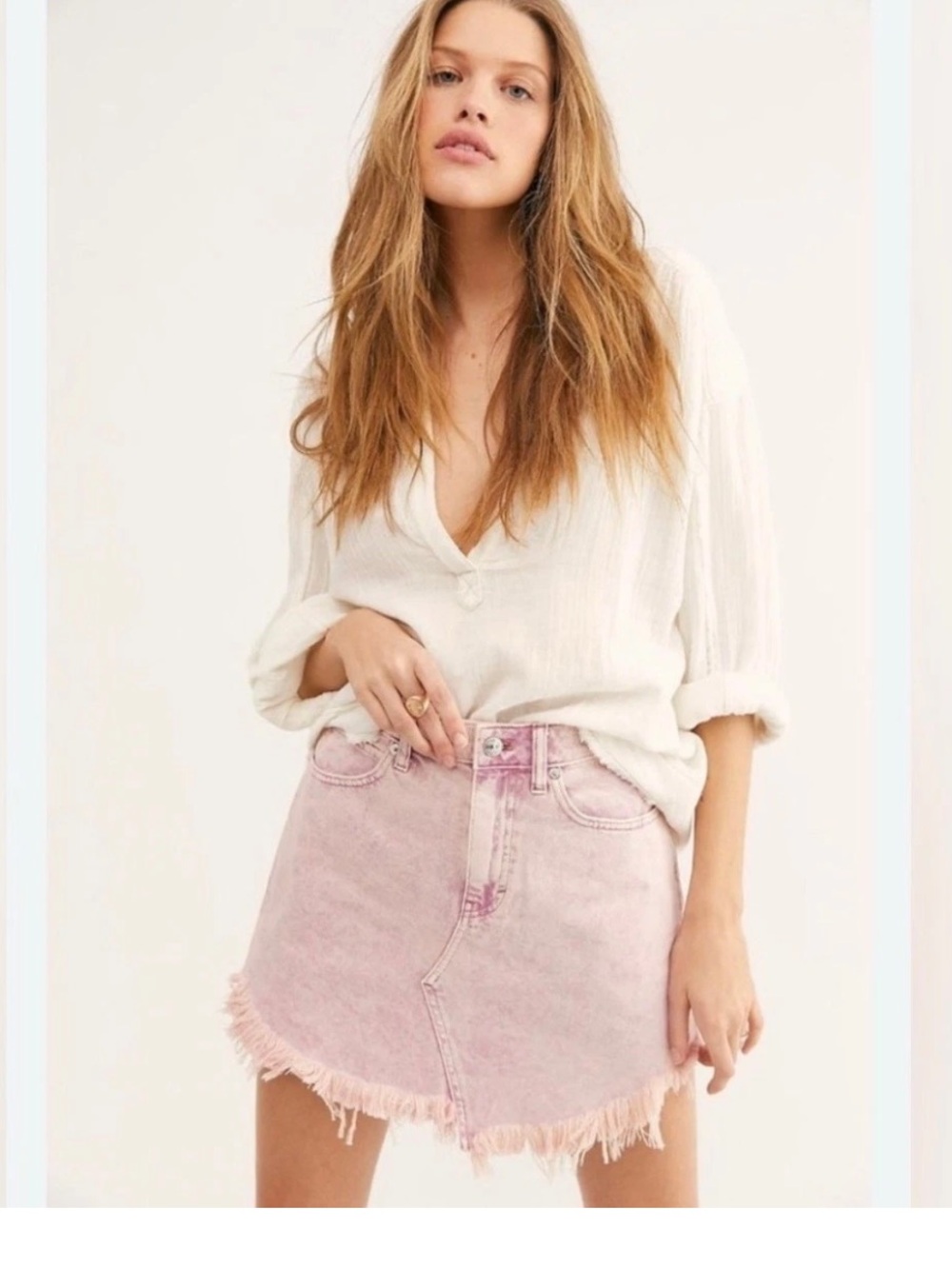 Free People We The Free Bailey Raw Hem Denim Mini Skirt in Pink - Size 31